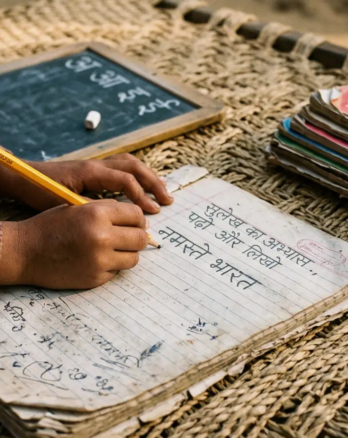 A child’s hands writing Devanagari script in an exercise book