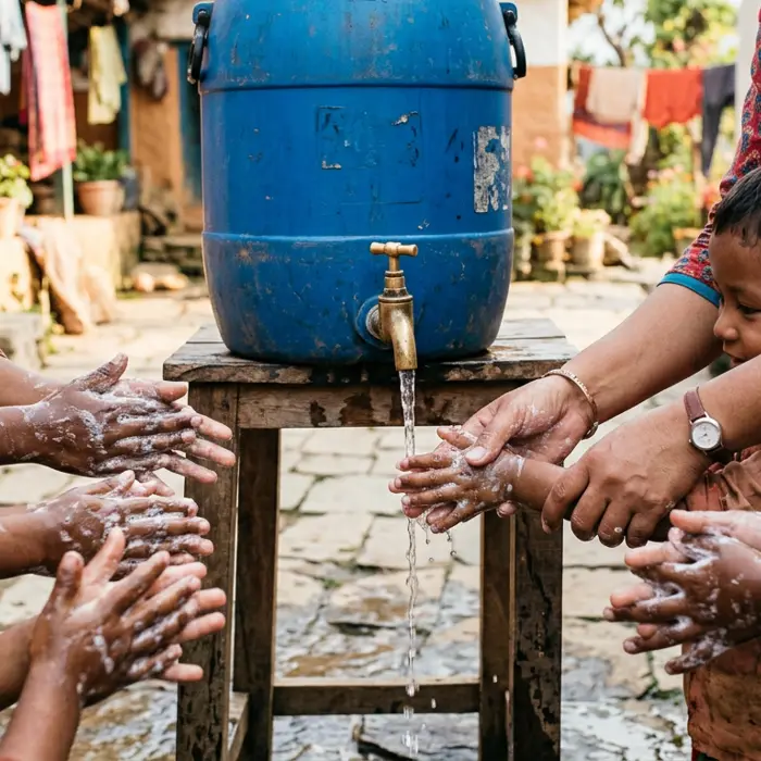 Children washing their hands with soap during a hygiene lesson
